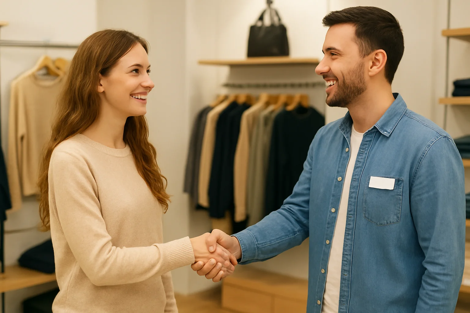 Продавец приветствует клиента в магазине.