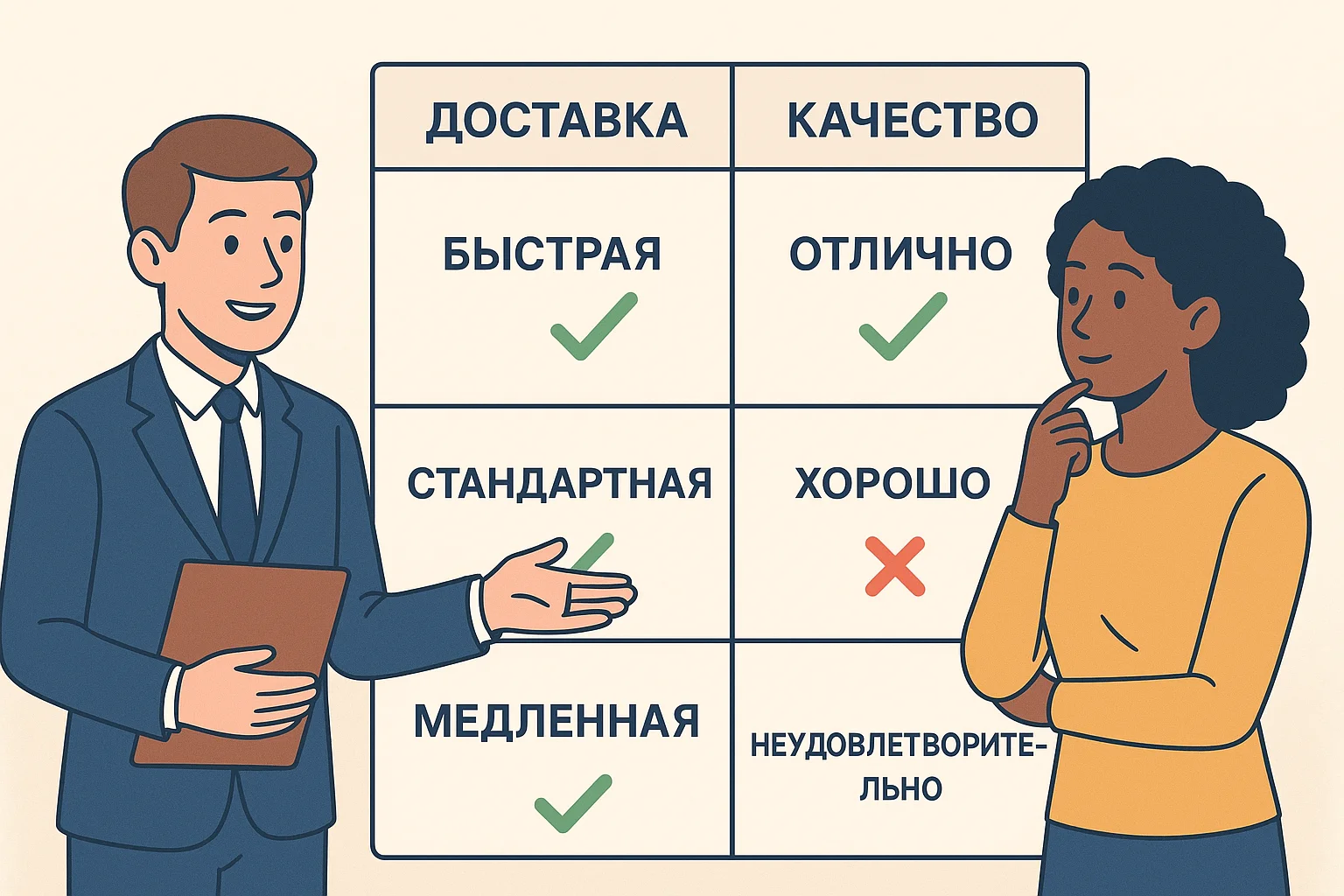 Консультант сравнивает предложения по доставке и качеству с клиентом